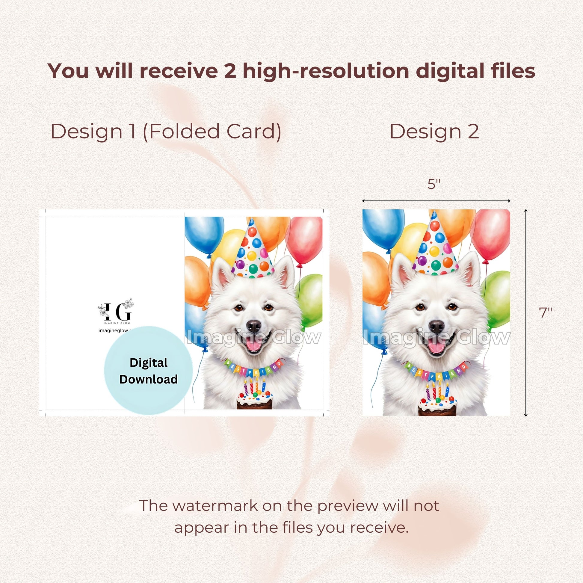 Digital birthday greeting card with an American Eskimo dog illustration.