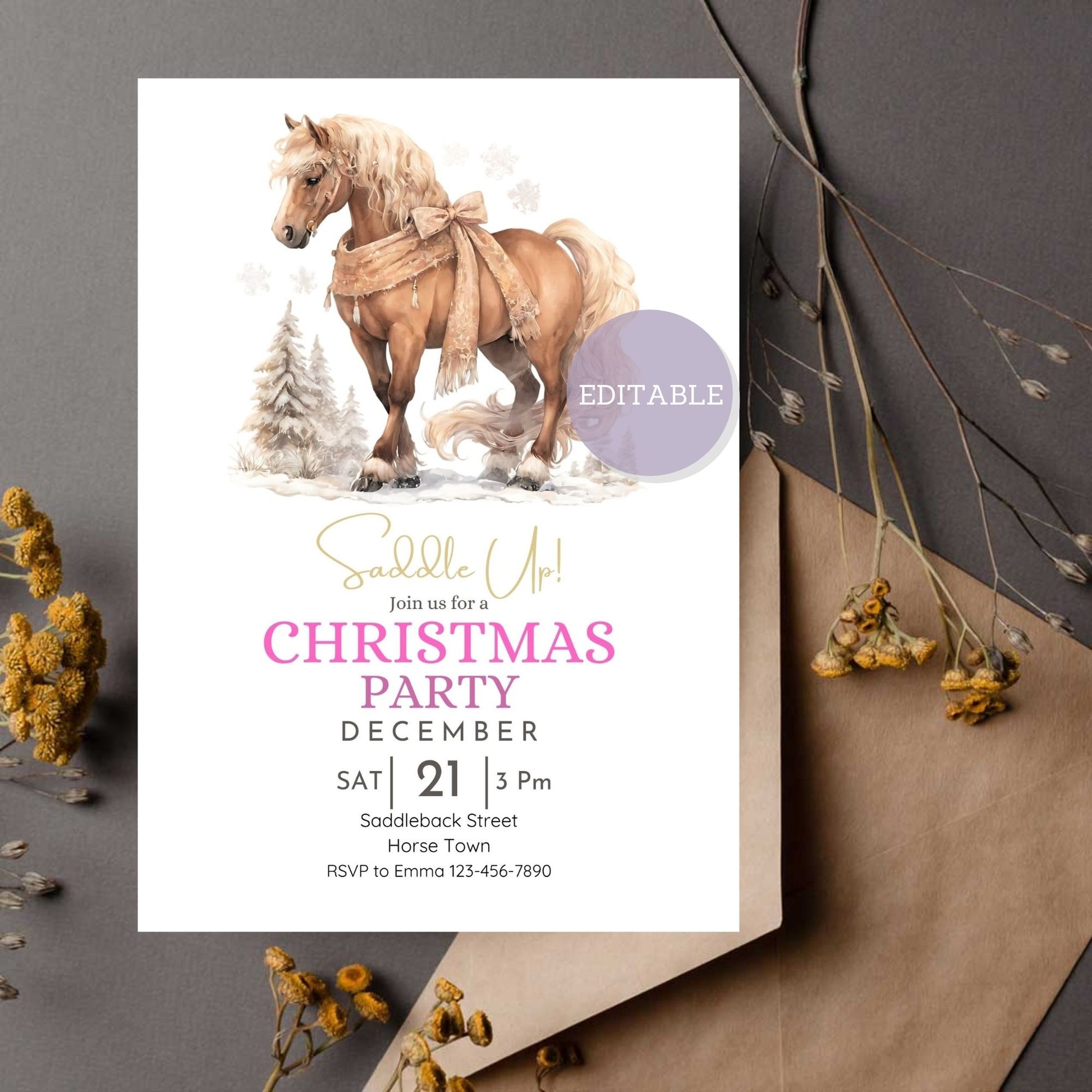 Customizable Horse Christmas party invitation template featuring festive designs