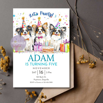 Custom Papillon dog birthday invitation template, editable in Canva.