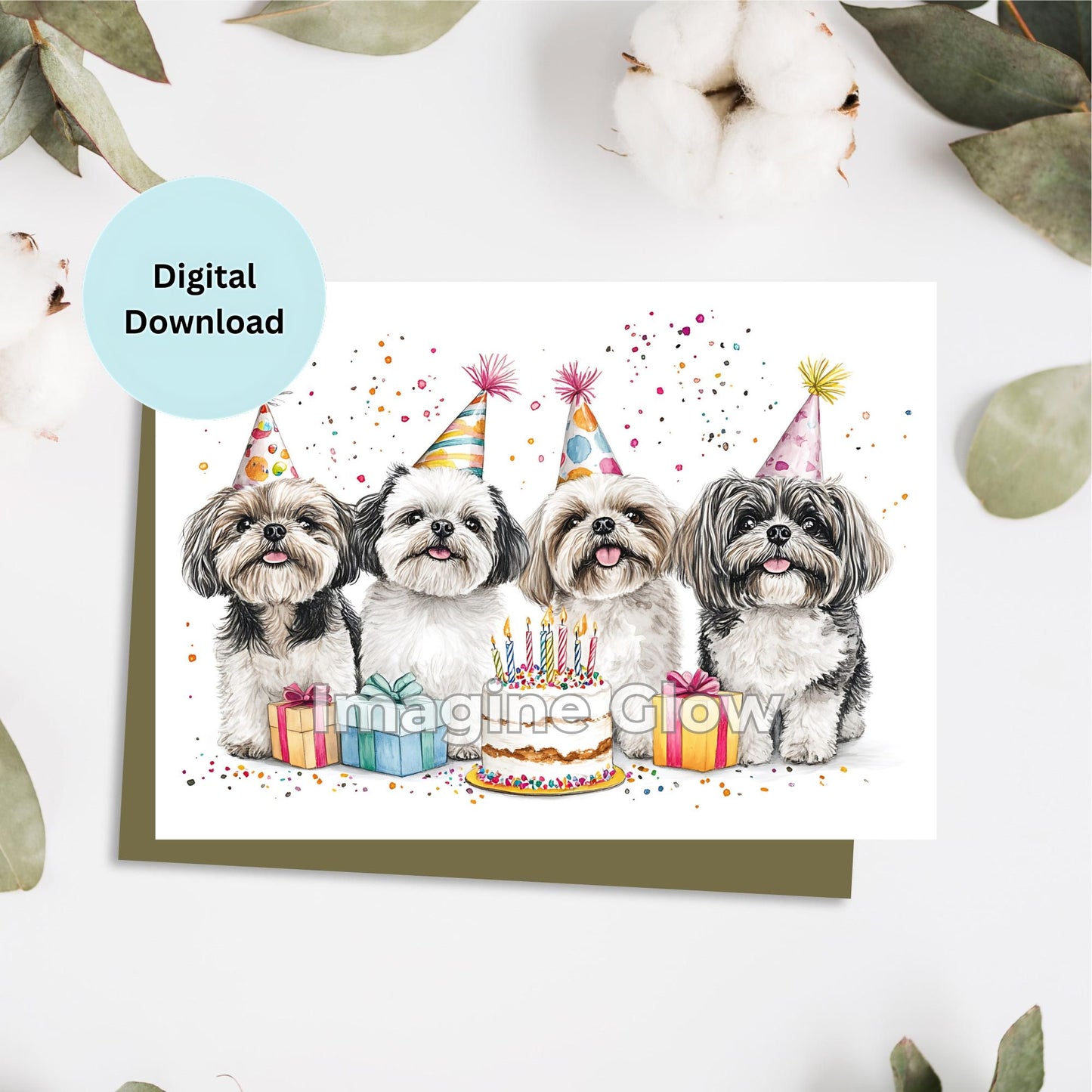 Shih Tzu dog birthday card with party hat for celebration.