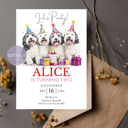 Editable Old English Sheepdog birthday invitation template, customizable and printable.