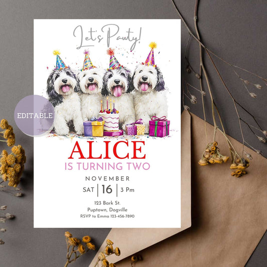 Editable Old English Sheepdog birthday invitation template, customizable and printable.