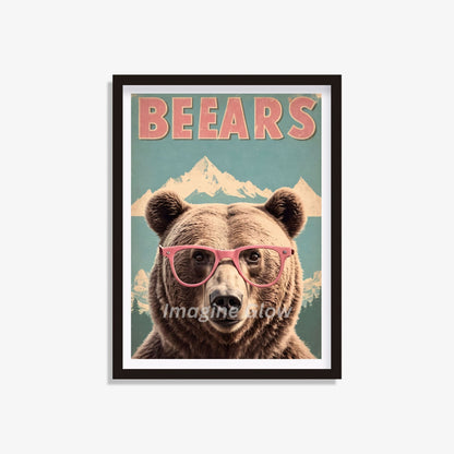 Printable retro poster featuring a bear wearing pink glasses.