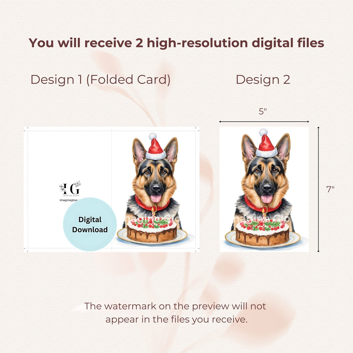 Printable Christmas card featuring a German Shepherd in a holiday-themed design.
