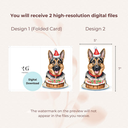 Printable Christmas card featuring a German Shepherd in a holiday-themed design.
