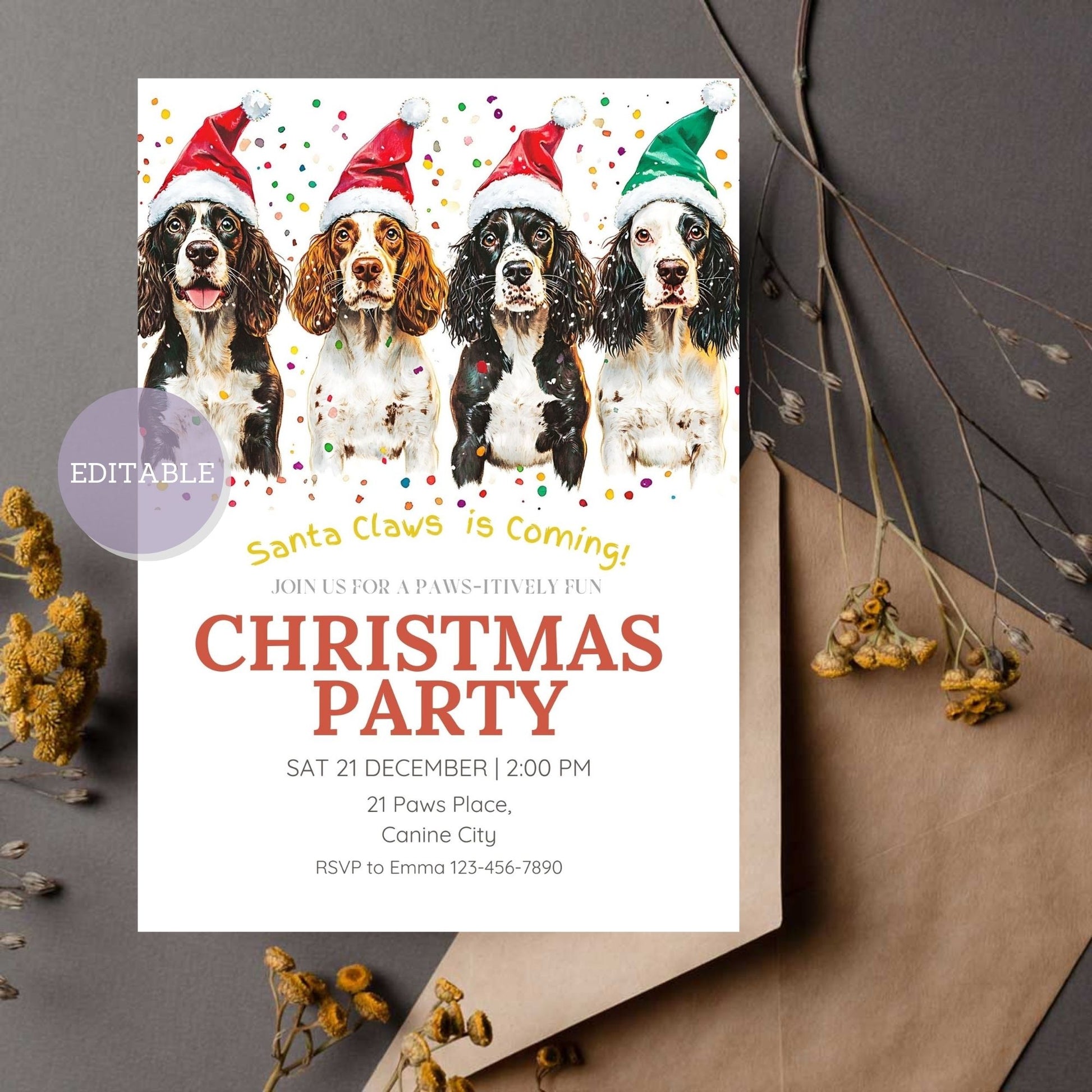 Customizable English Springer Spaniel dog Christmas party invitation template for festive holiday celebrations.