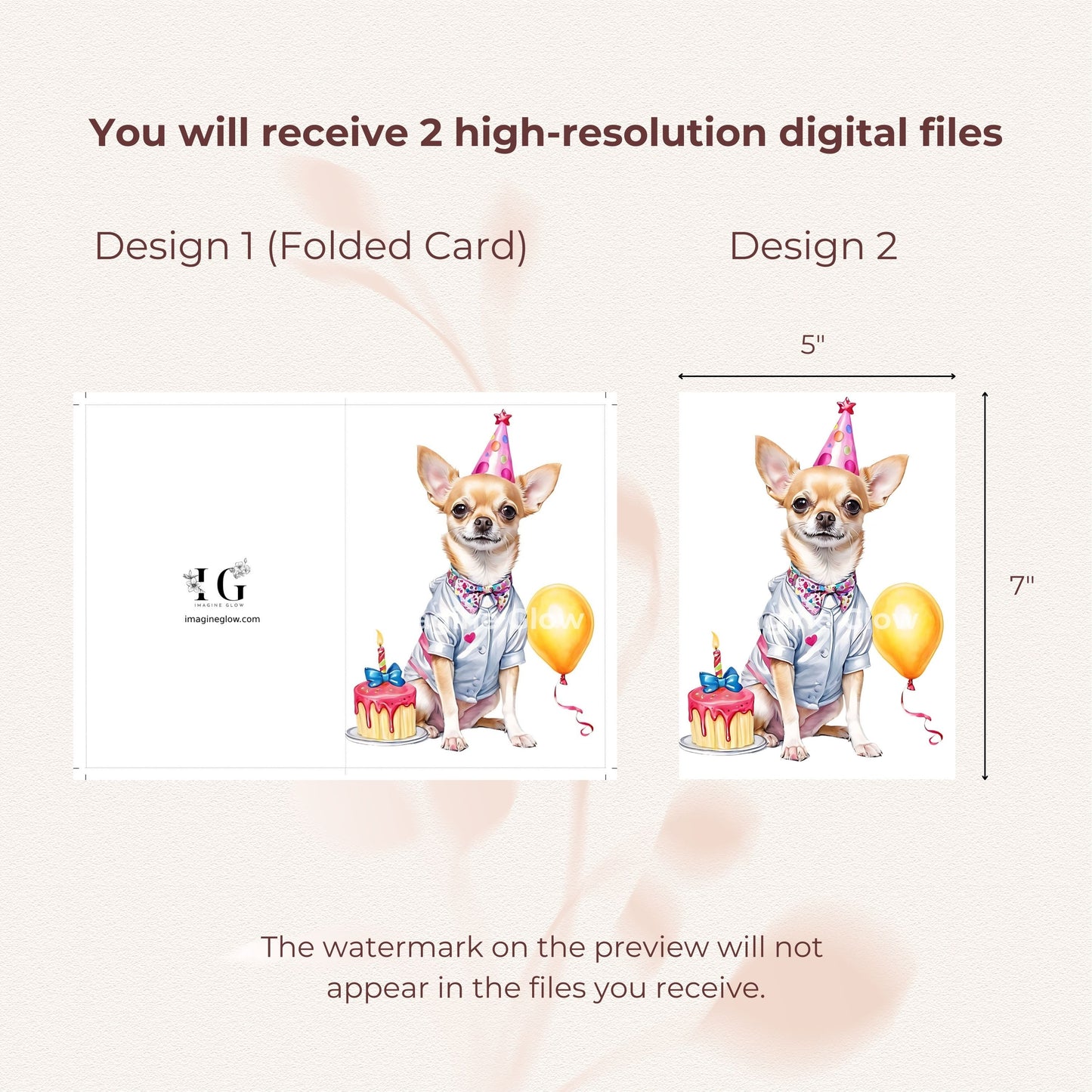 Playful Chihuahua illustration on a printable birthday card