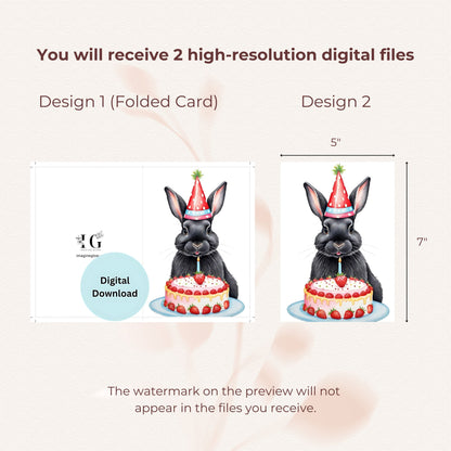 Adorable Black Bunny birthday card, digital download.
