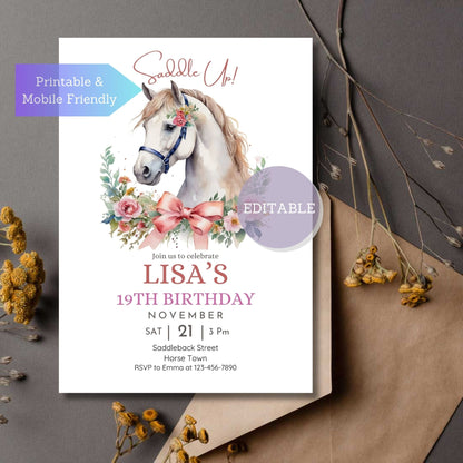 Editable horse-themed party invite for birthdays.