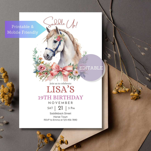 Editable horse-themed party invite for birthdays.