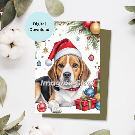 Printable Beagle Christmas card for festive holiday greetings.