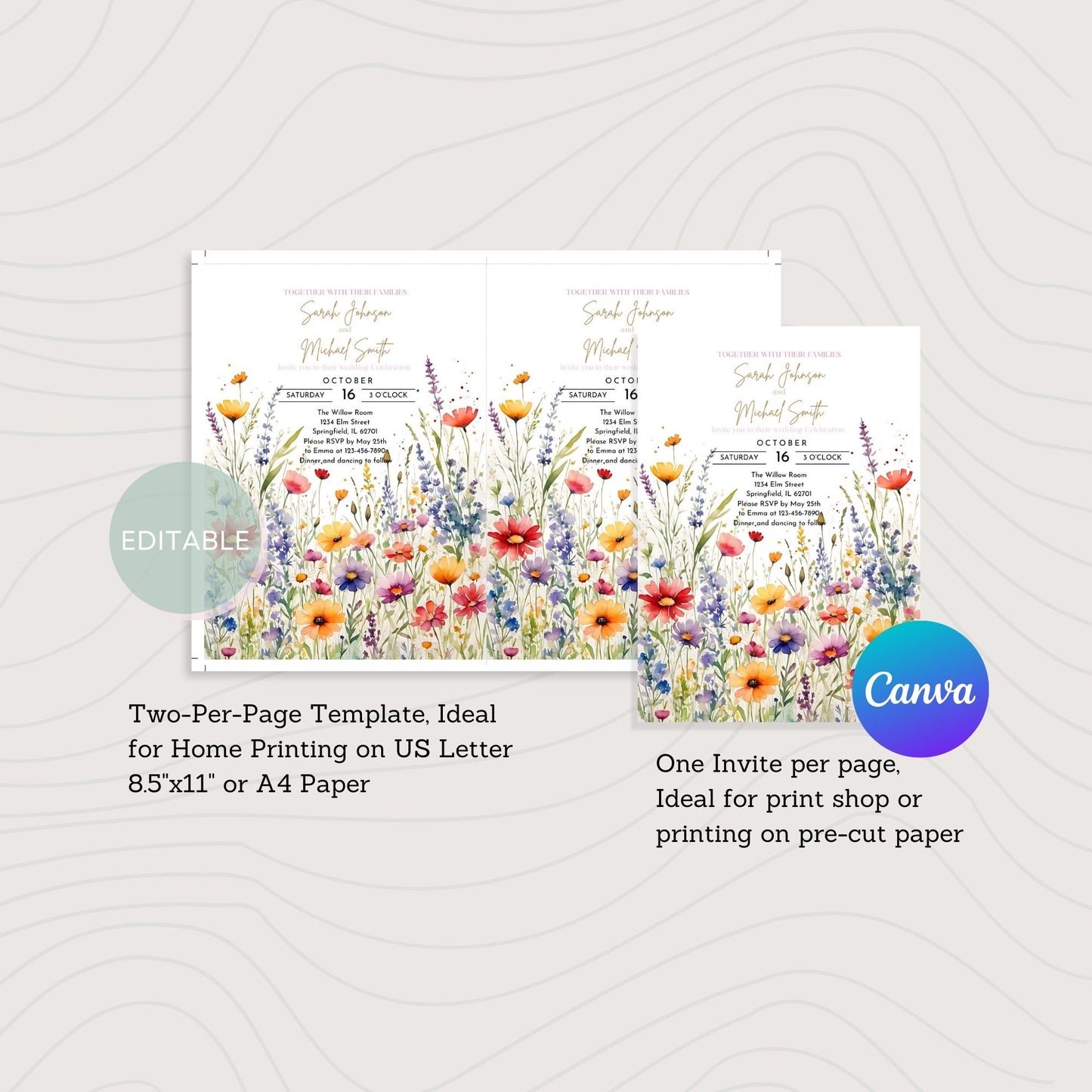 Printable wildflower wedding invite design available for digital download. Ideal for Home Printing on US Letter or A4 Paper