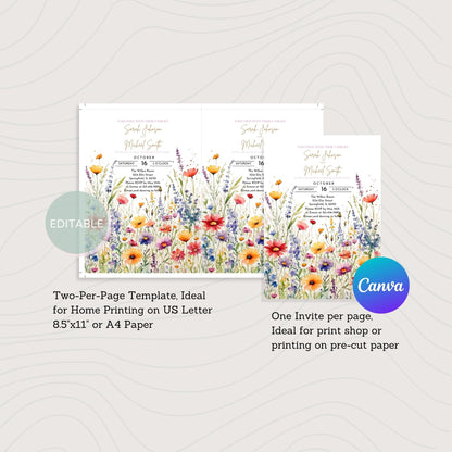 Printable wildflower wedding invite design available for digital download. Ideal for Home Printing on US Letter or A4 Paper