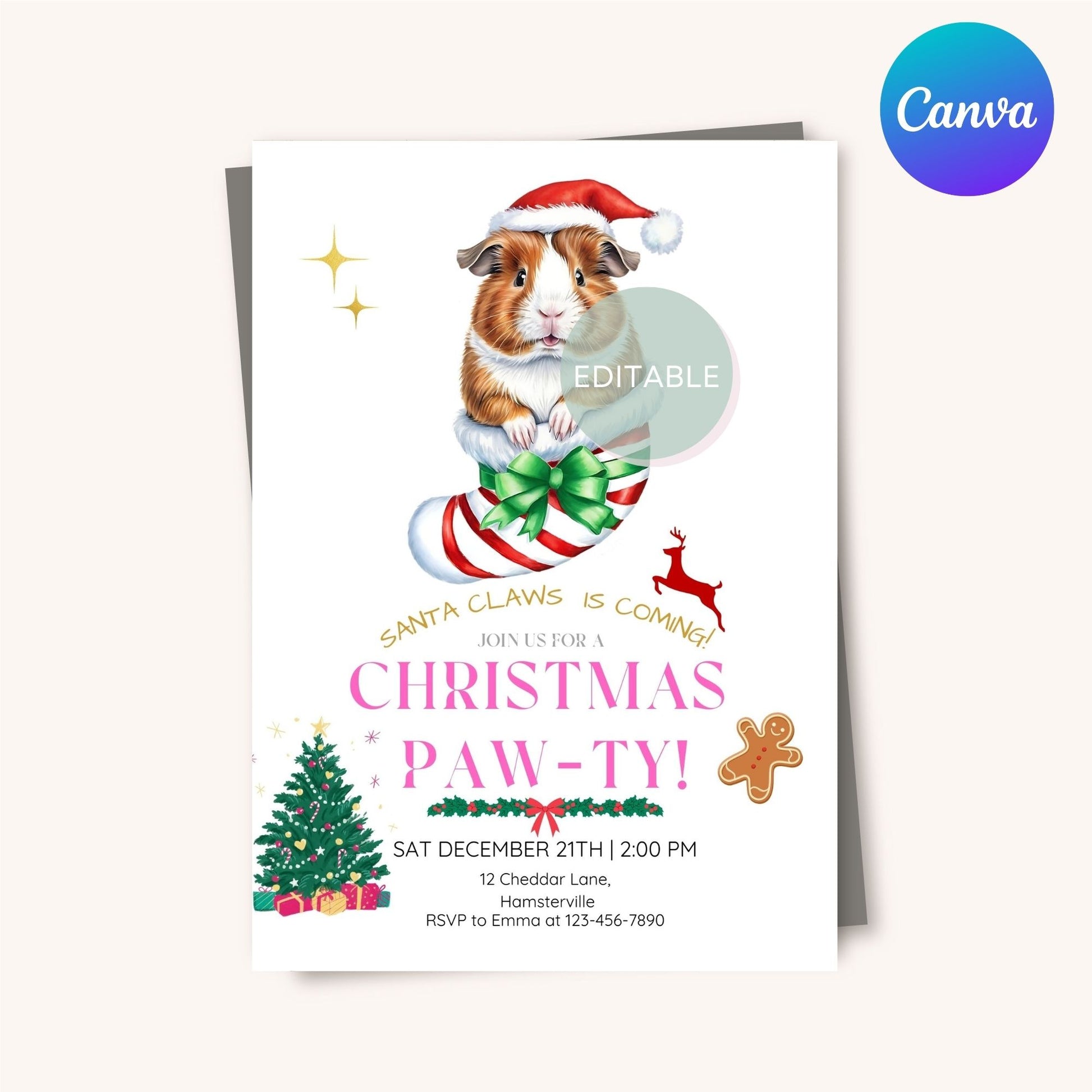 Festive Guinea Pig Christmas Party Invite with Editable Text and Design