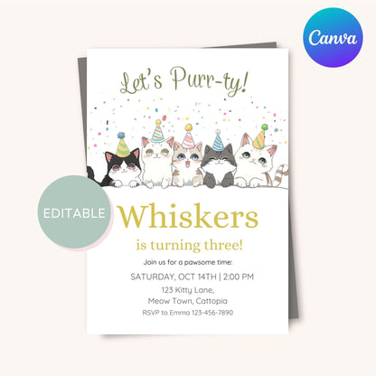 Personalized kitten-themed birthday invitation, editable in Canva