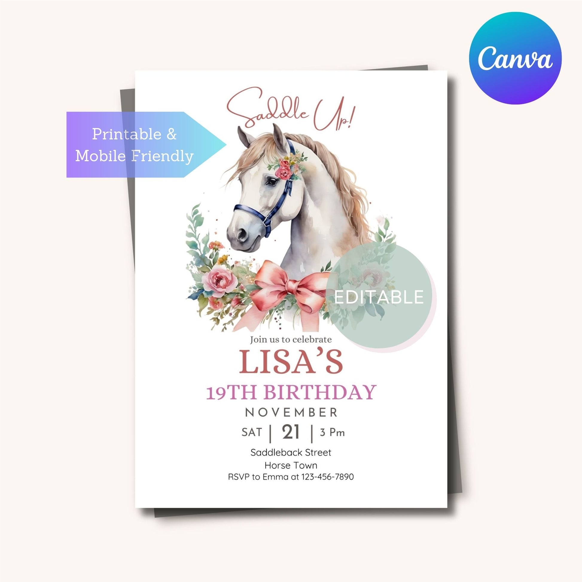 Printable & mobile horse invitation for birthday parties.