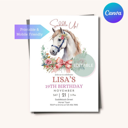 Printable & mobile horse invitation for birthday parties.