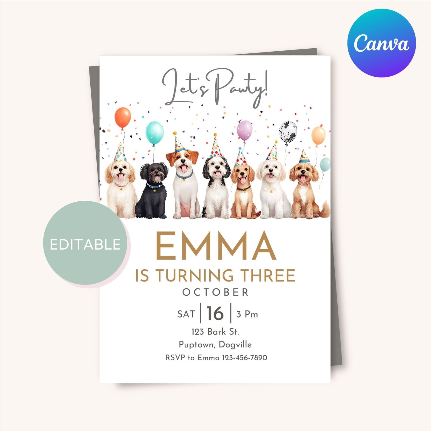 Custom dog birthday invitation template, editable and printable