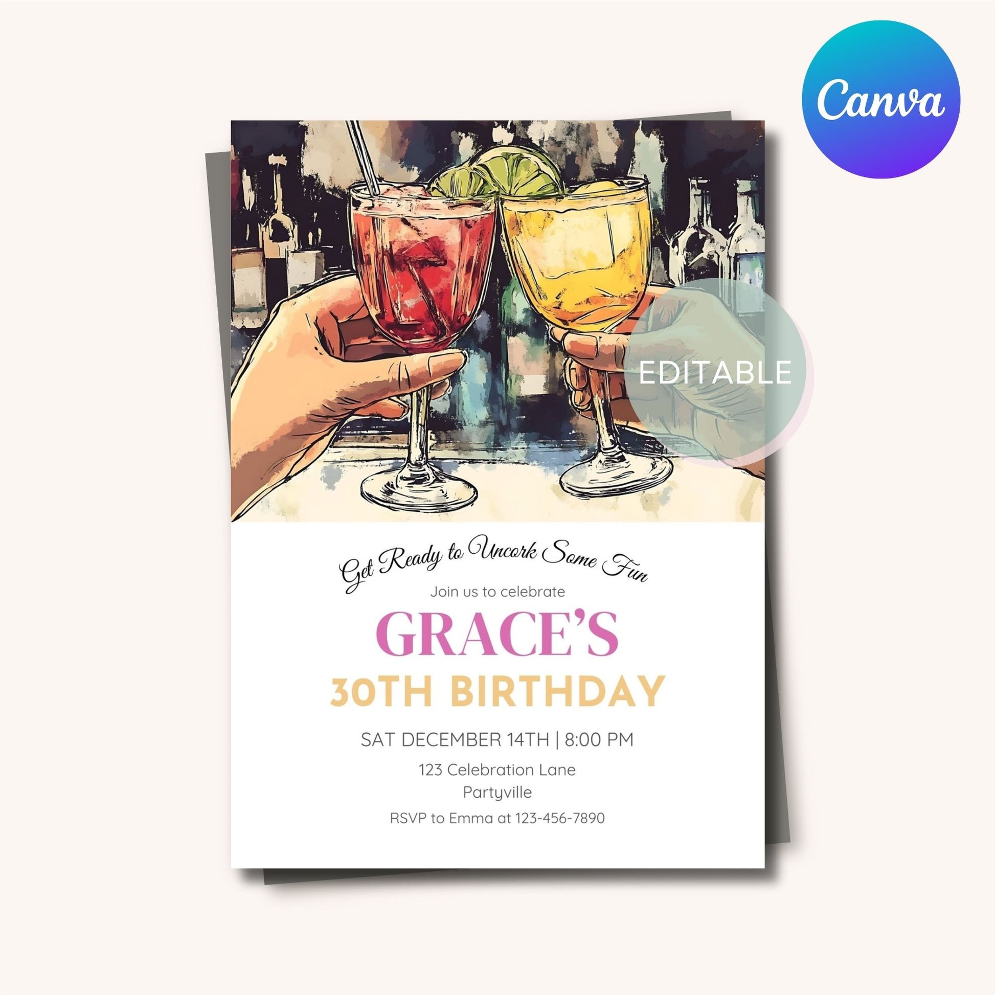 Editable cocktail-themed birthday invitation template in Canva.