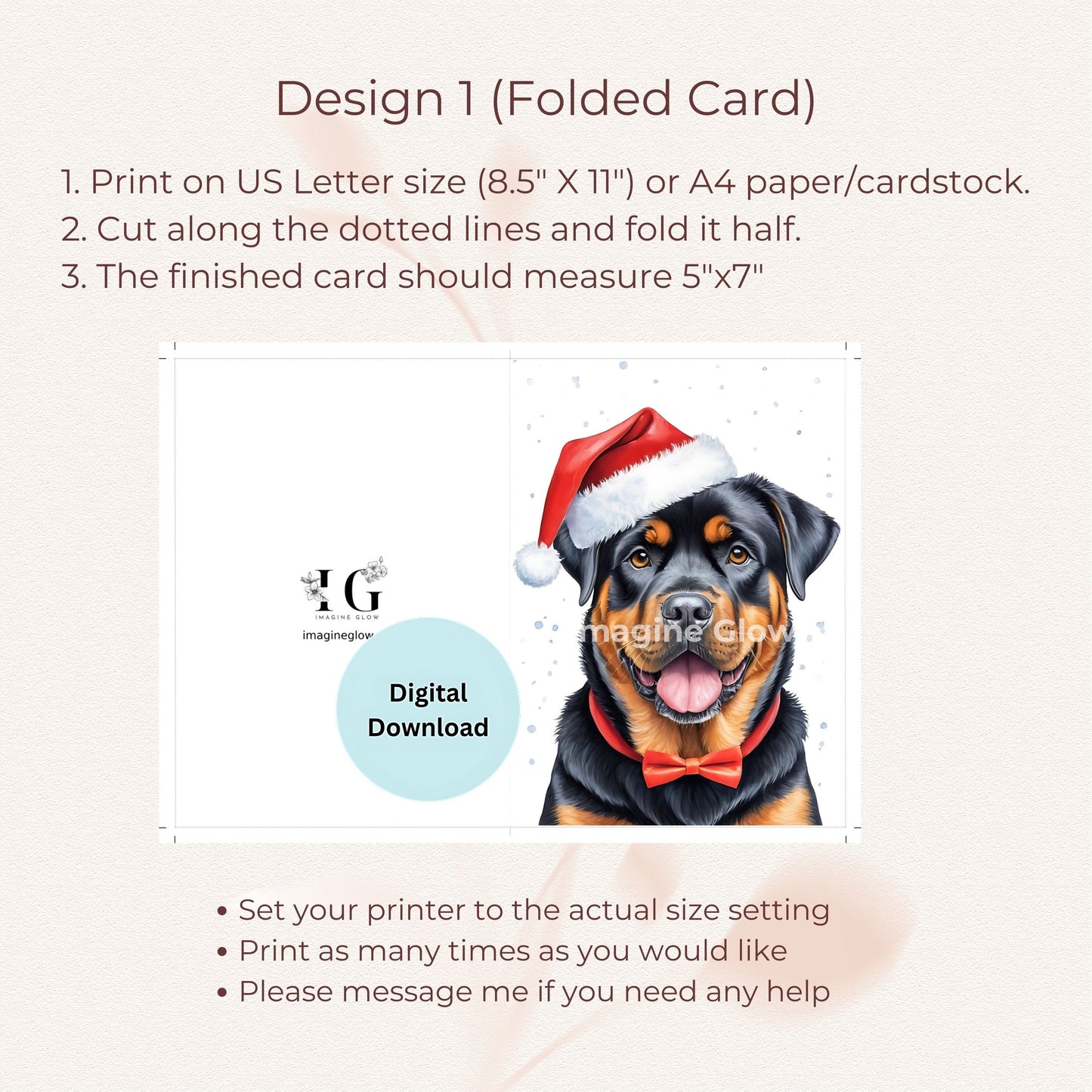 Digital download holiday card with a cute Rottweiler design.