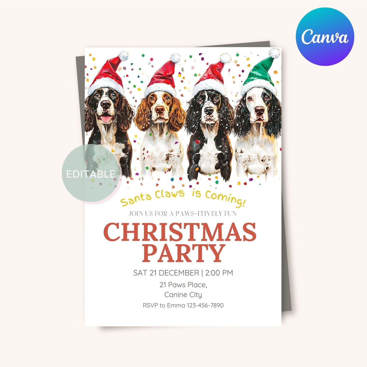 Editable holiday invite featuring an adorable English Springer Spaniel design, perfect for dog lovers.