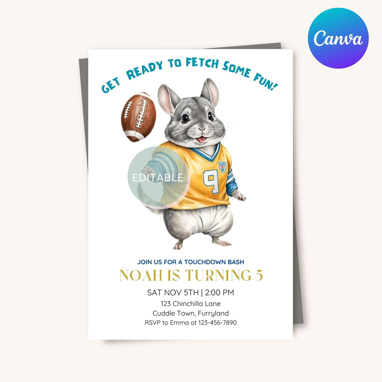 Customizable American football birthday invitation with a chinchilla design, editable in Canva.