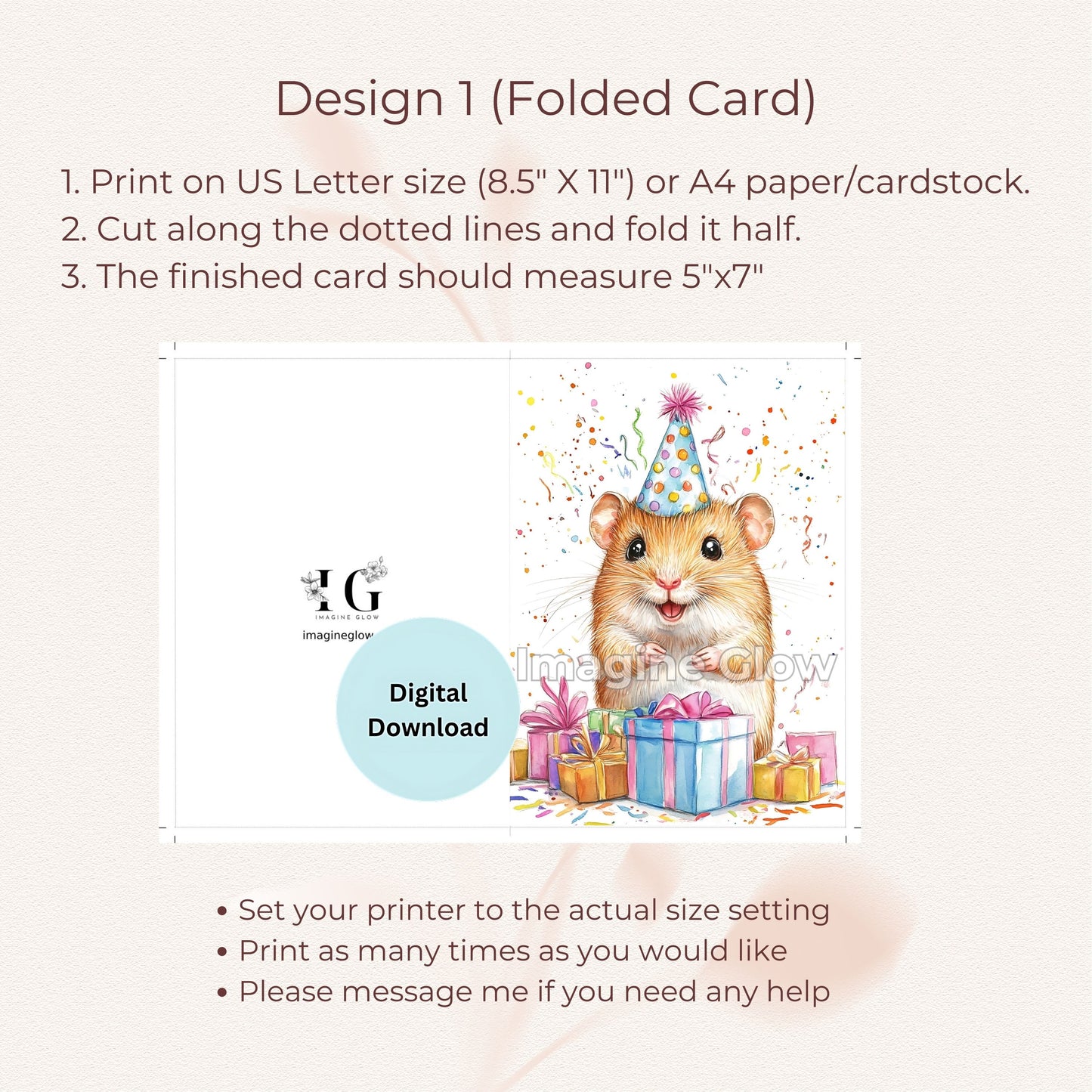 Hamsters birthday card digital download featuring cute hamsters at a festive party