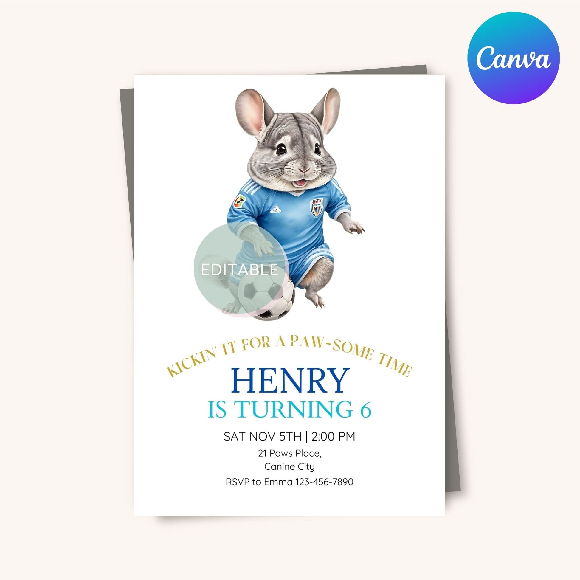 Printable soccer party invite for kids featuring a fun chinchilla design.