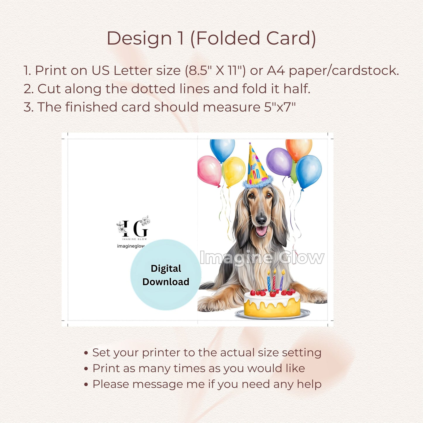 Afghan Hound dog-themed birthday card, ready for digital download.