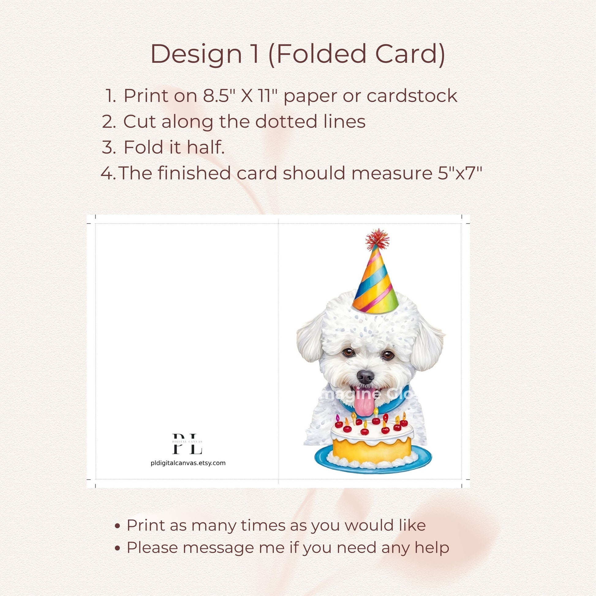 Cute Bichon Frise printable greeting card for birthdays.