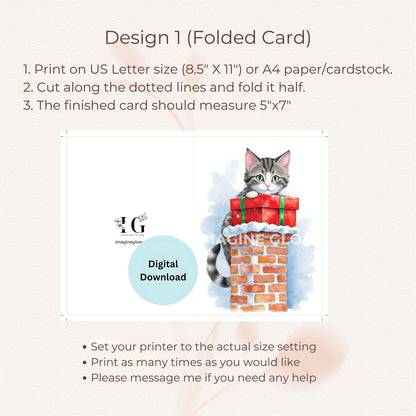 Cat Christmas Card Set B – Printable Pet Greeting Cards – Set of 10 Holiday Cards