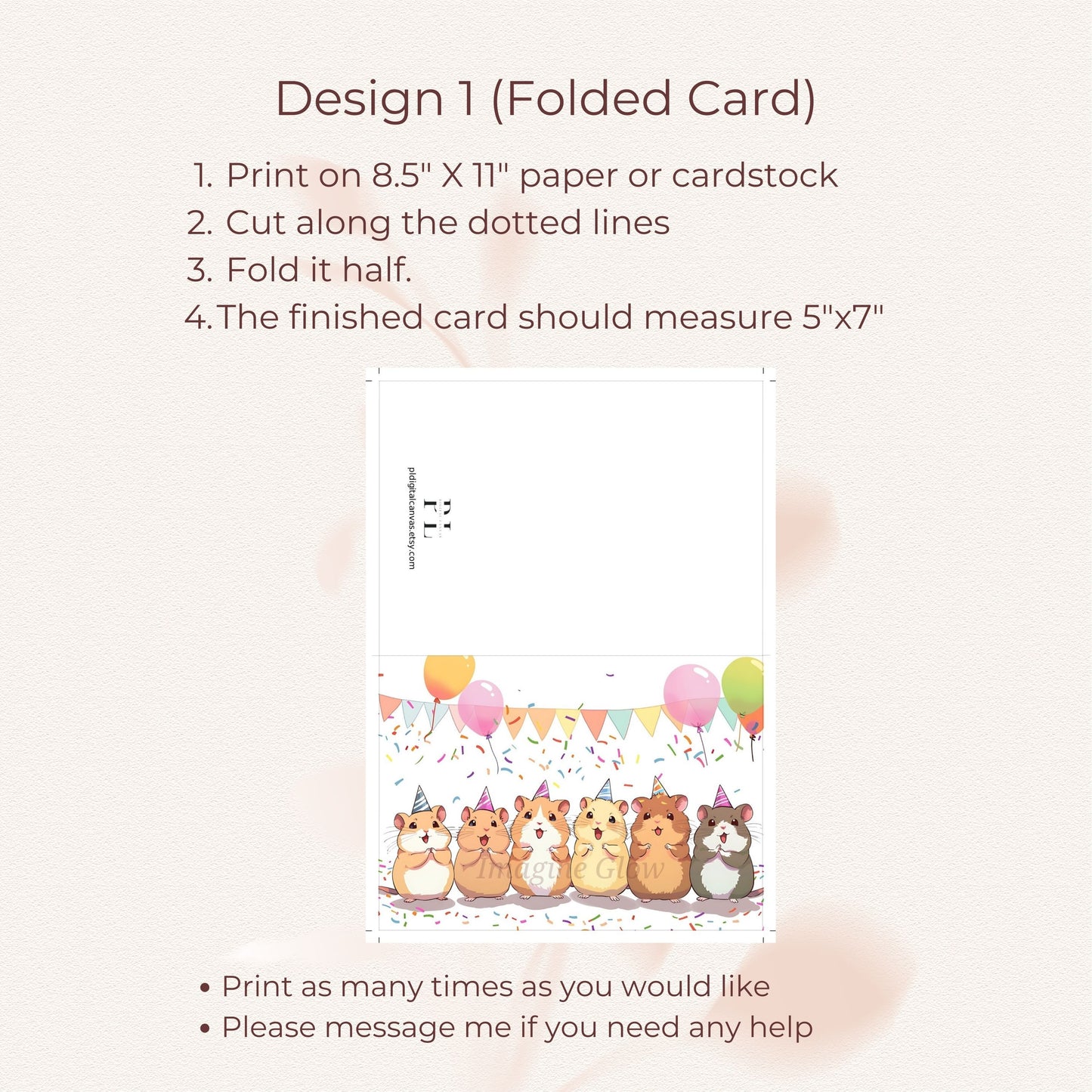 Printable birthday card showcasing a whimsical hamster design