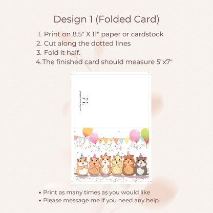 Printable birthday card showcasing a whimsical hamster design