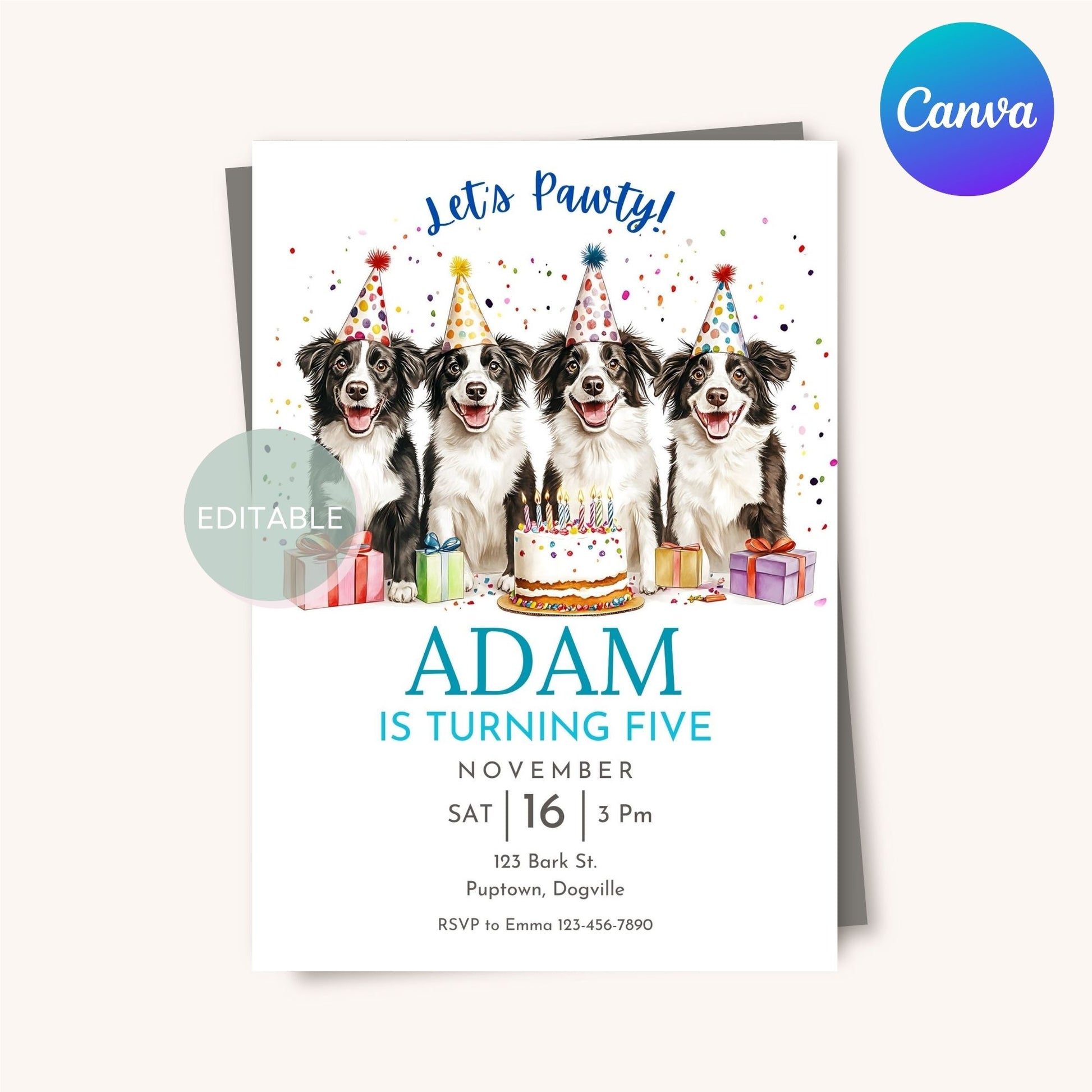 Printable Border Collie birthday party invite for dog lovers.