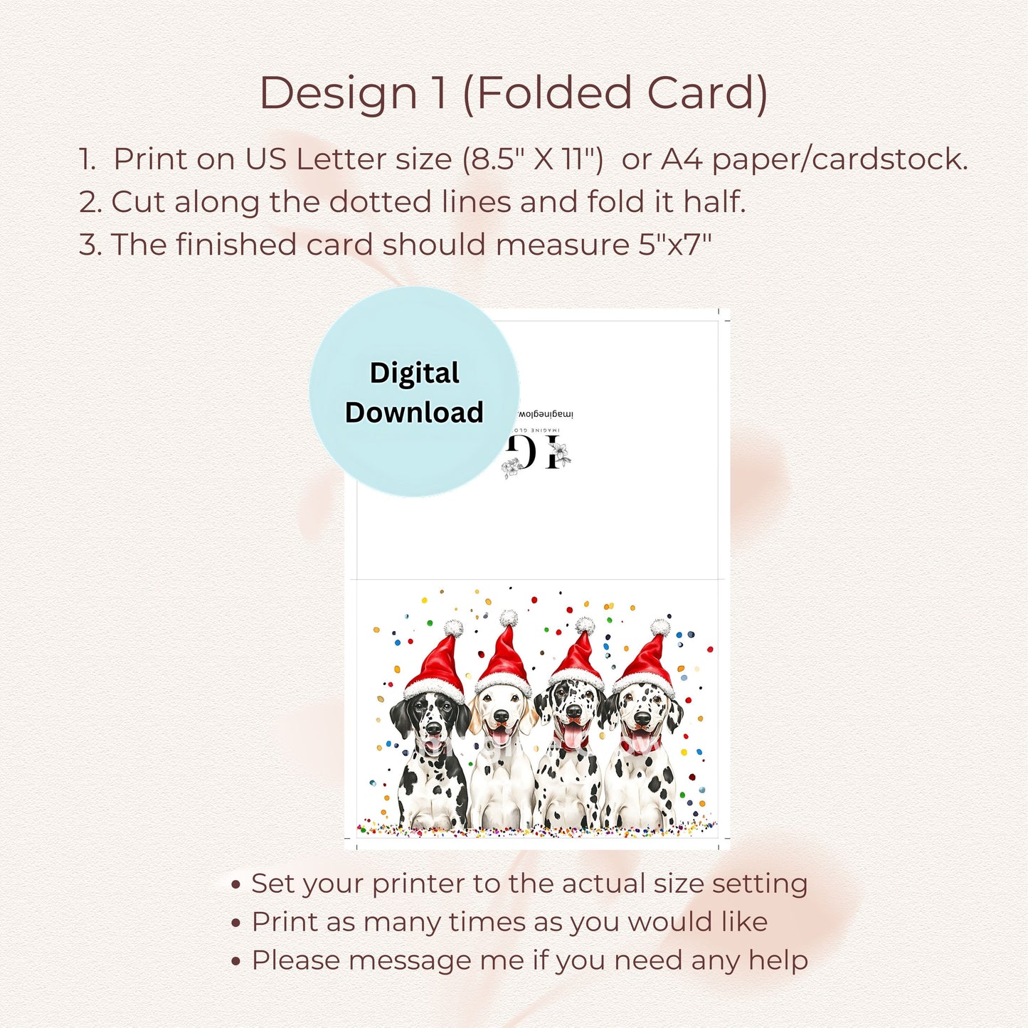 Printable Dalmatian Christmas card perfect for holiday greetings