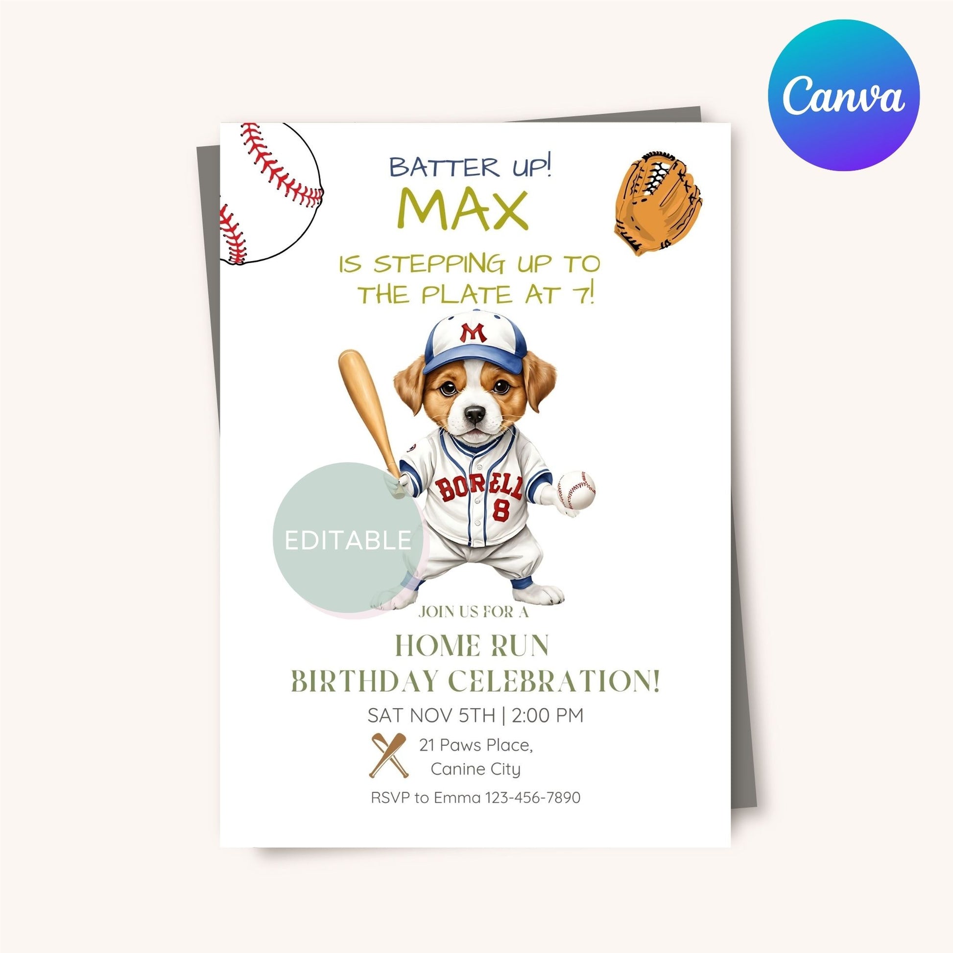 Printable dog birthday invitation featuring baseball elements for all ages