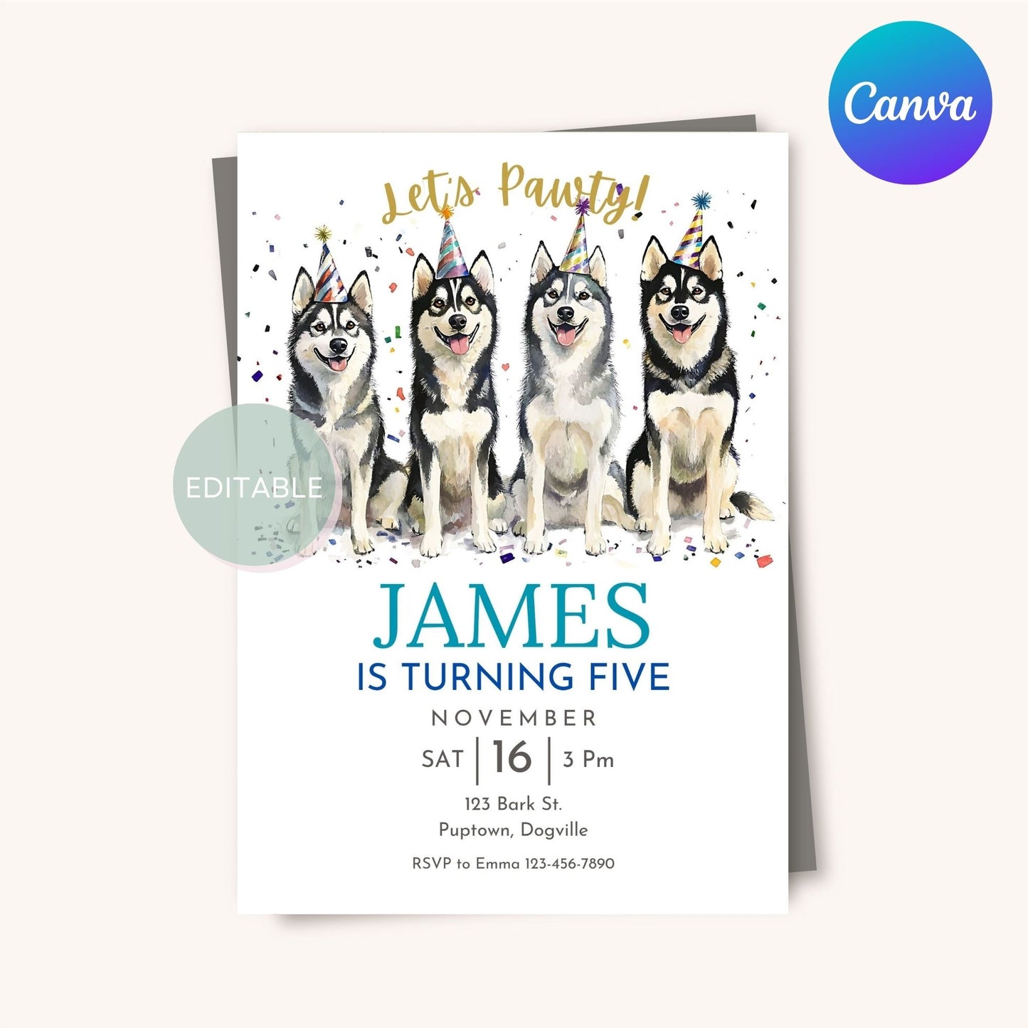 Printable Siberian Husky dog birthday invite, editable in Canva.