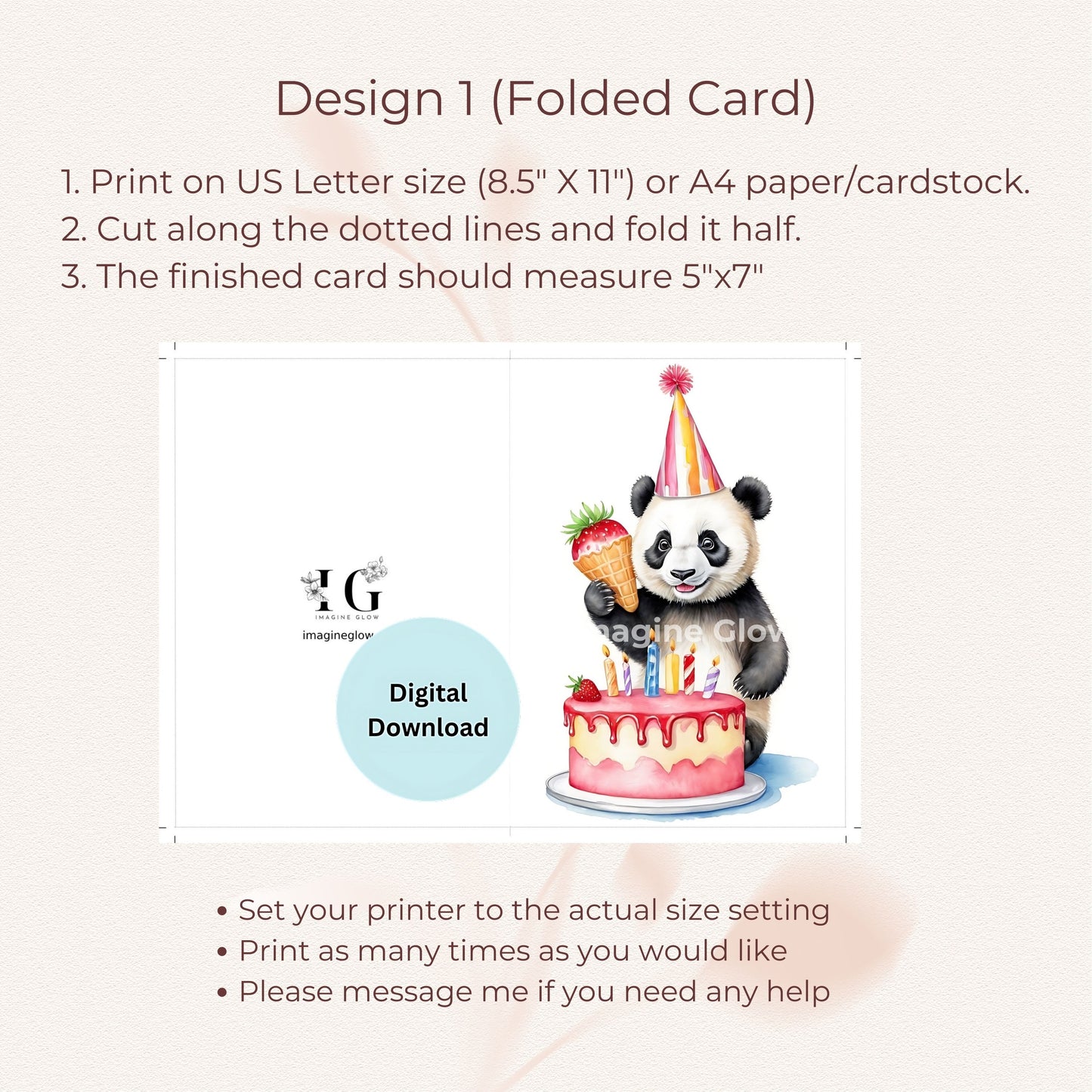 Panda birthday greeting card, available as a digital download for easy printing.
Charming panda-themed birthday card, perfect for celebrating a special day.
Fun and playful panda birthday card, great for friends, family, or children.
