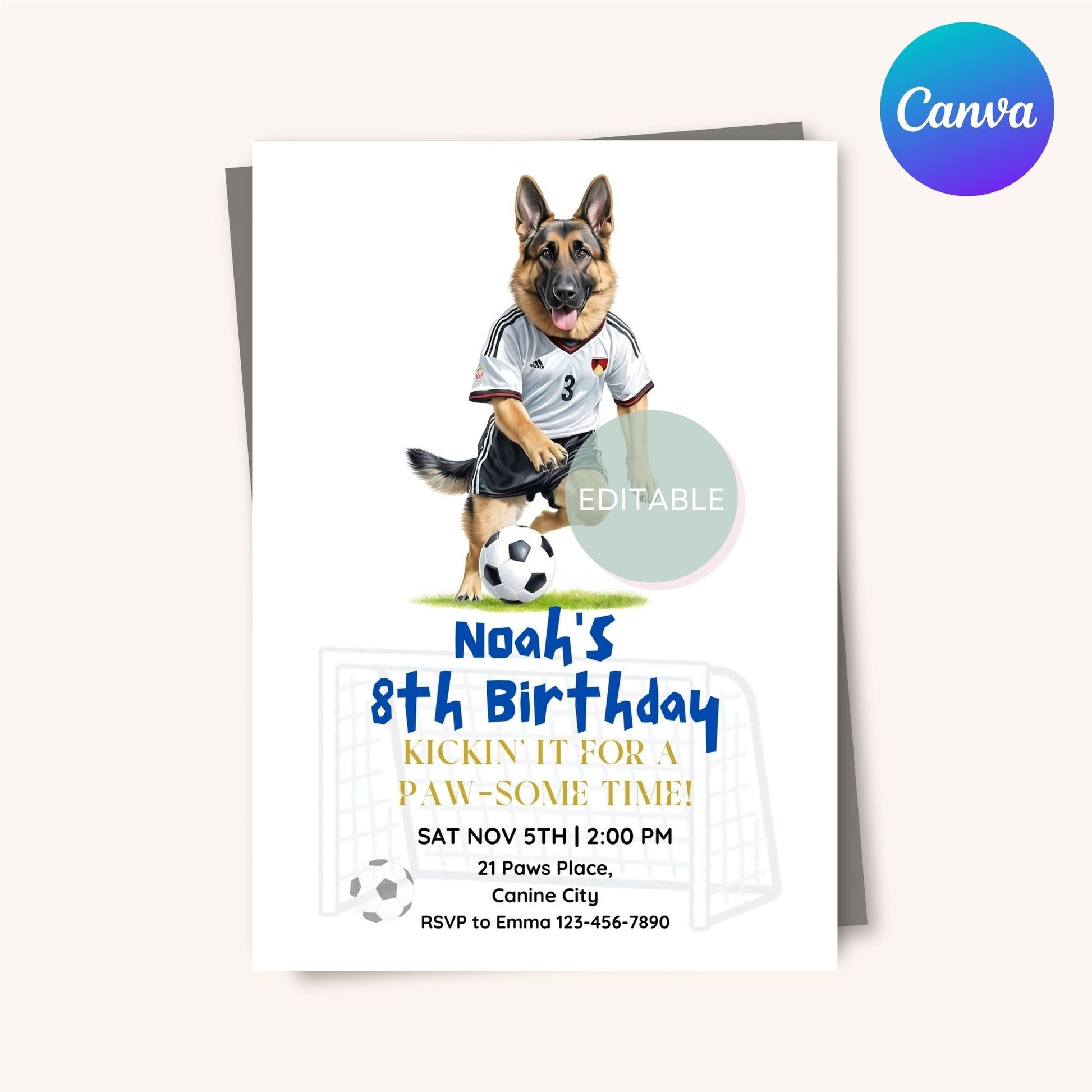 Birthday soccer invite featuring a German Shepherd dog