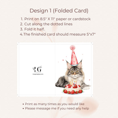 Adorable cat-themed birthday card featuring a Maine Coon cat