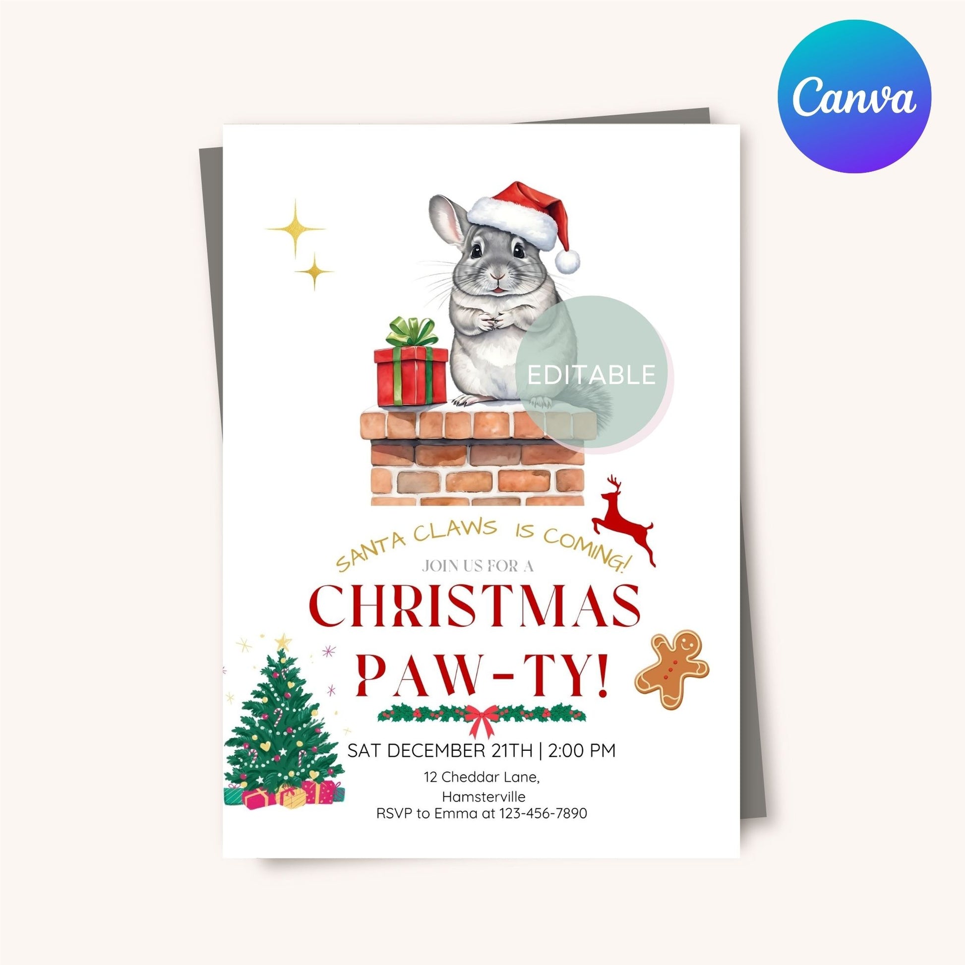 Holiday invitation featuring a cute chinchilla for Christmas celebrations