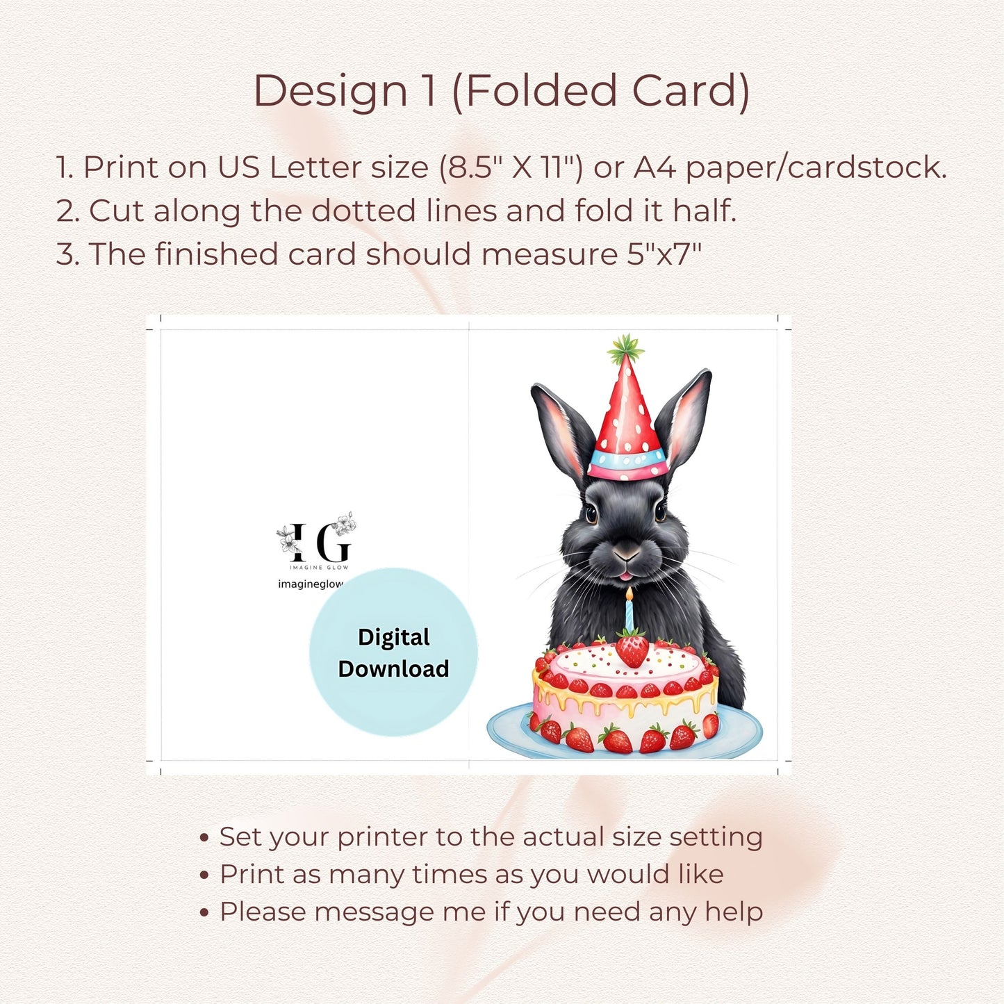 Cute rabbit-themed printable birthday greeting card.
