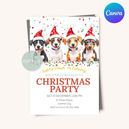 Printable dog invitation template for Christmas parties, designed for easy customization with Canva.