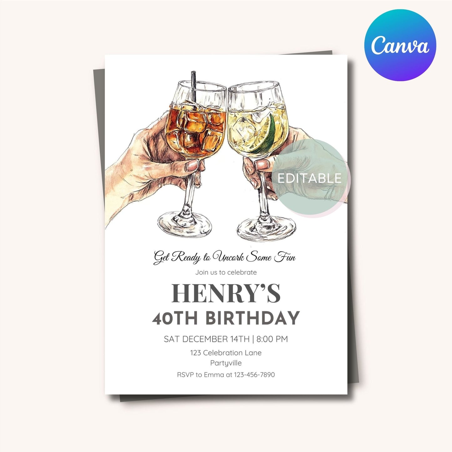 Customizable birthday invitation template with cocktail theme, perfect for friends’ gathering.