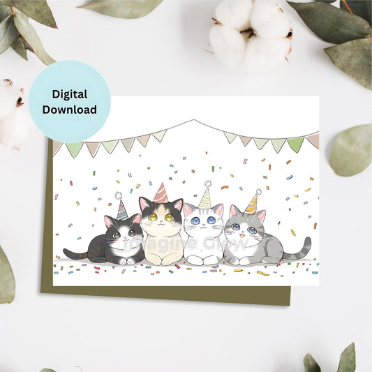 Printable birthday card featuring cute cat illustrations for cat lovers.