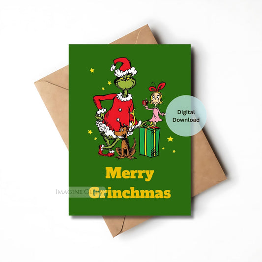 Christmas card with Grinch and Max on a green background