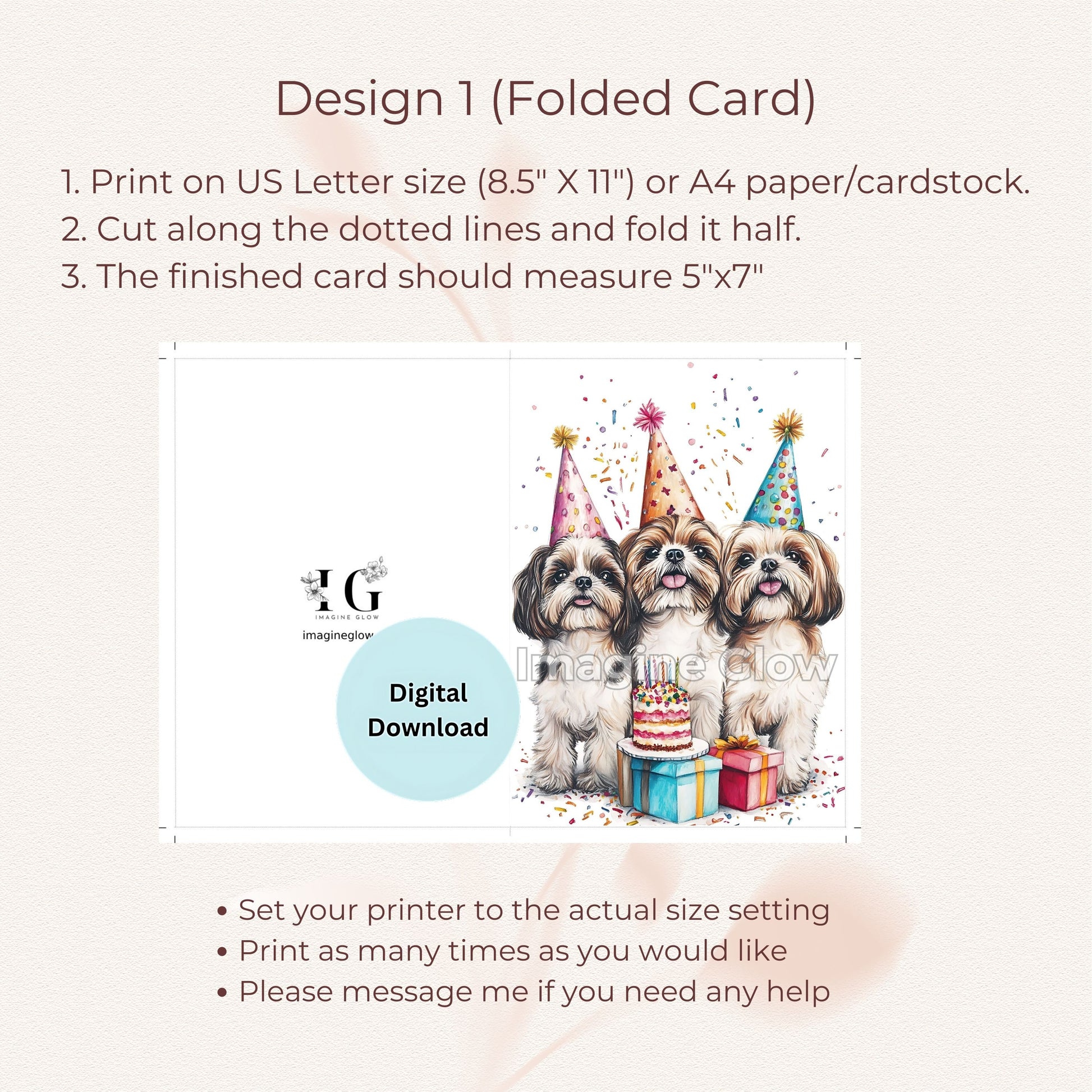 Printable birthday card with Shih Tzu dogs celebrating