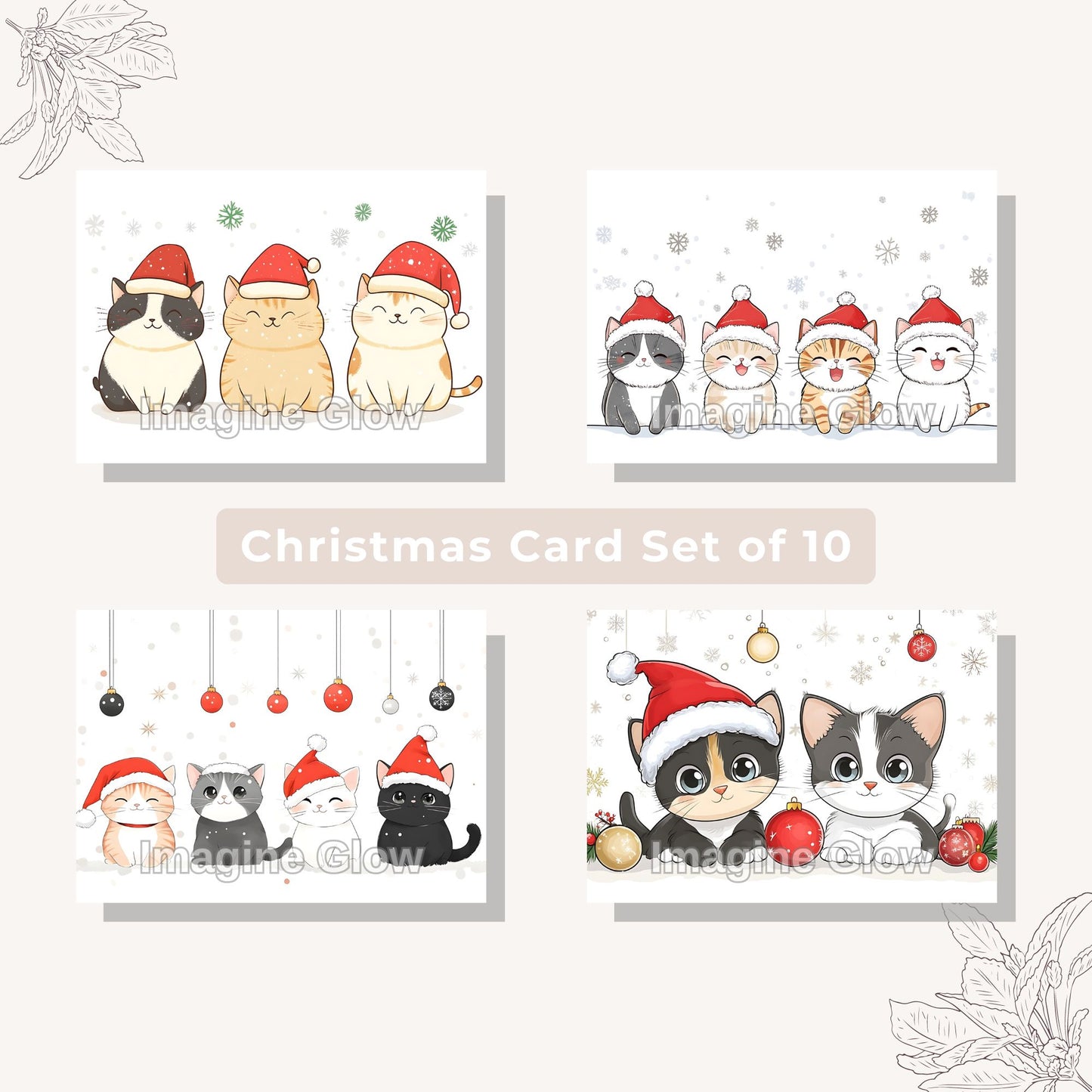 Set of 10 Cat Christmas cards in festive design, ideal for holiday greetings.