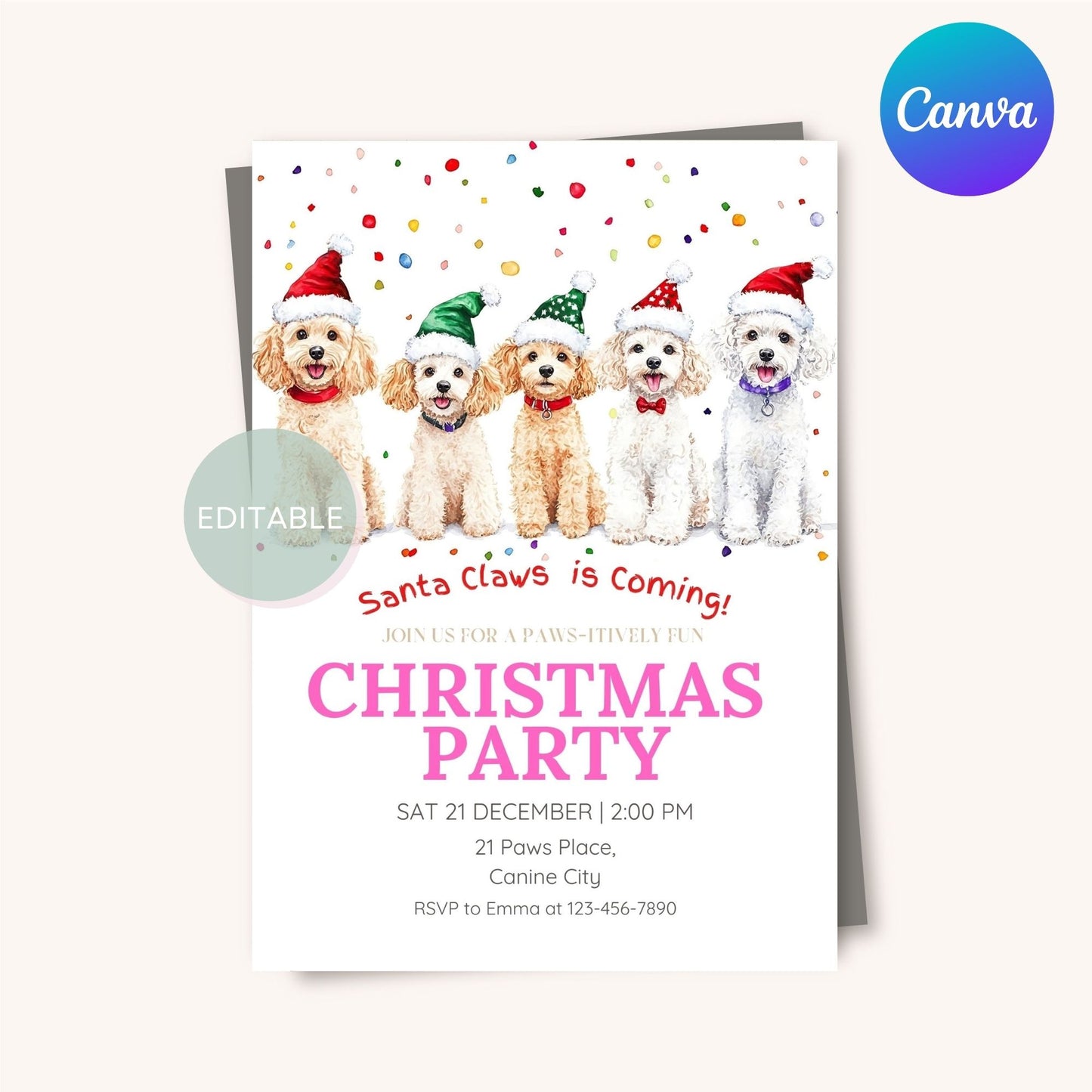 Editable holiday invite featuring a charming poodle design, perfect for dog lovers.