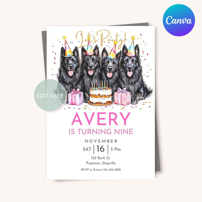 Editable dog-themed birthday invite, customizable in Canva.